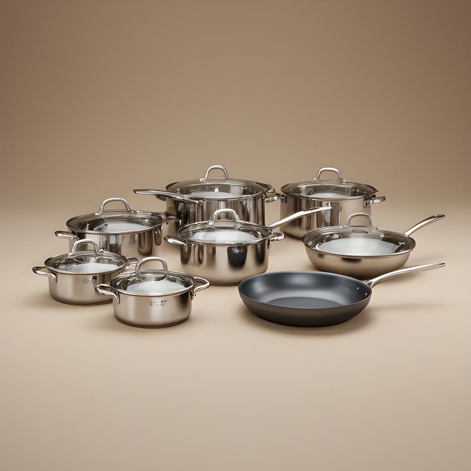 Batería de cocina de 9 piezas de acero inoxidable pulido dispuesta en mesa neutra con estética premium