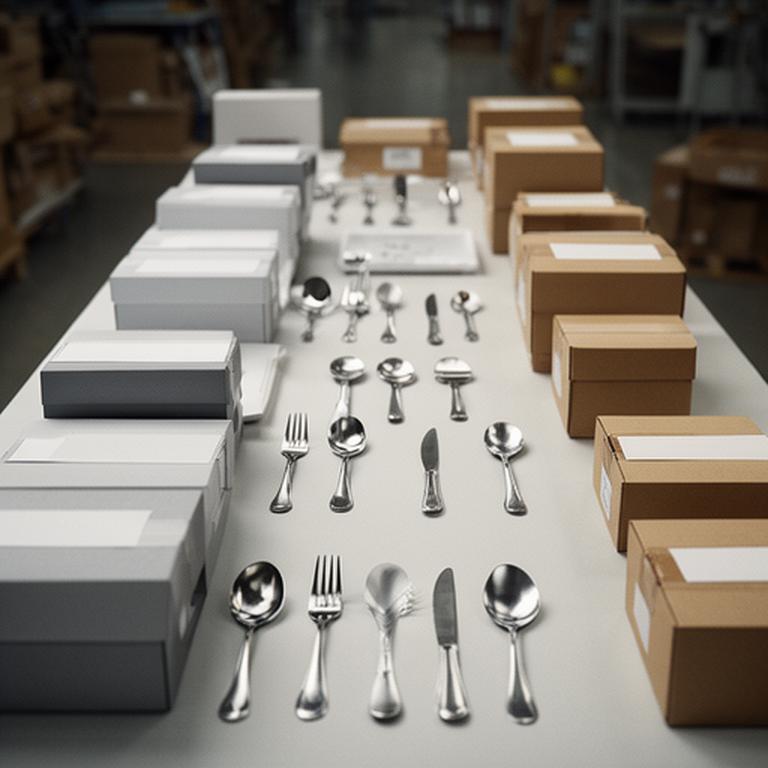 Mesa de trabajo con utensilios de cocina ordenados, cajas de envío y ambiente de distribución comercial
