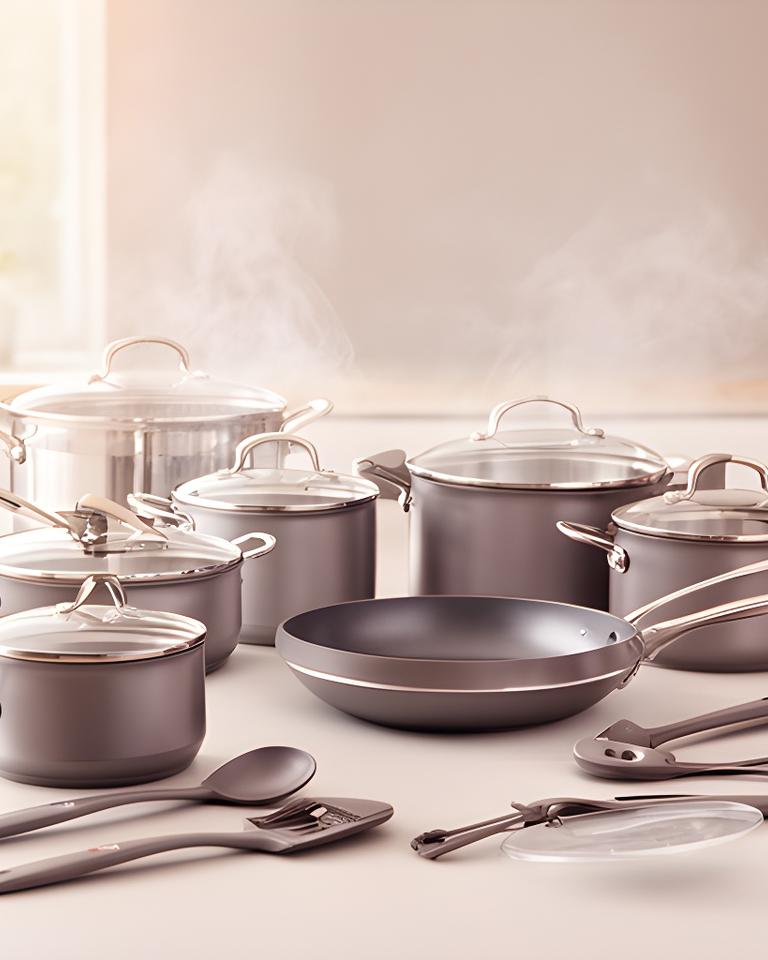 Selección de ollas, sartenes y utensilios de cocina sobre una mesa clara con luz natural