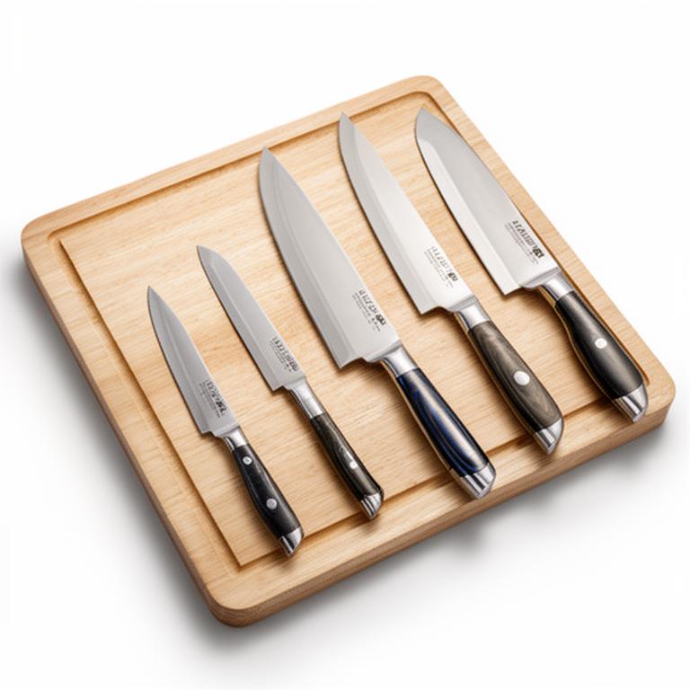Set profesional de siete piezas con cuchillo chef, cuchillo de pan y cuchillo de verduras sobre tabla clara