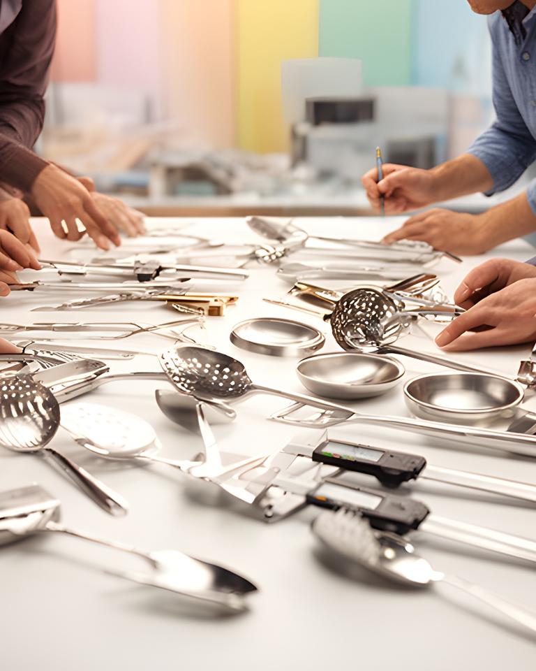 Equipo técnico revisando prototipos de utensilios de cocina en una mesa de trabajo luminosa