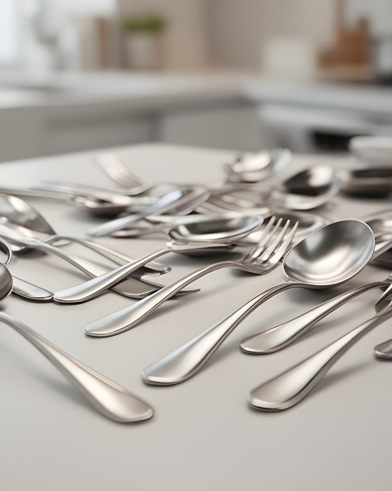 Plano detalle de utensilios de cocina de acero inoxidable sobre una mesa de trabajo ordenada y luminosa