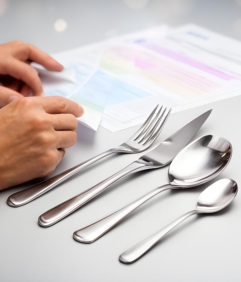Manos revisando documentación de privacidad junto a utensilios de cocina de acero inoxidable sobre una mesa clara