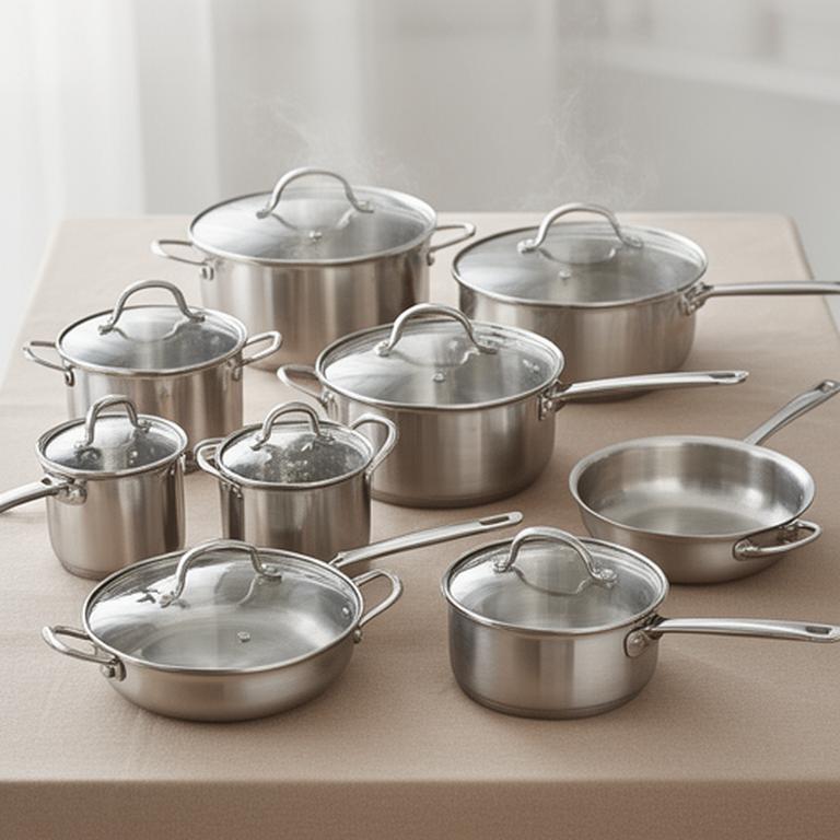 Batería de cocina de 12 piezas acomodada en una mesa con tapas y ollas listas para mudanza