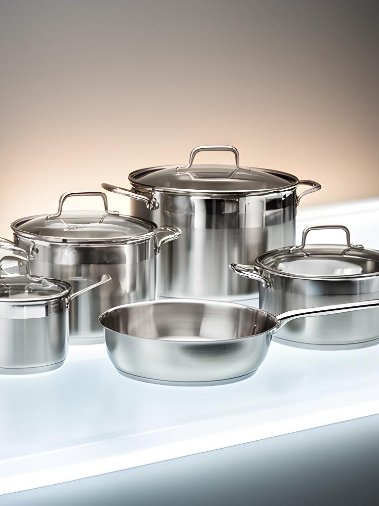 Batería de cocina de acero inoxidable sobre una mesada luminosa con reflejos suaves y terminación pulida
