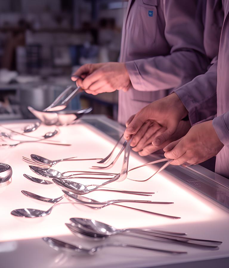 Equipo de fábrica revisando utensilios de cocina sobre una mesa luminosa en Garín