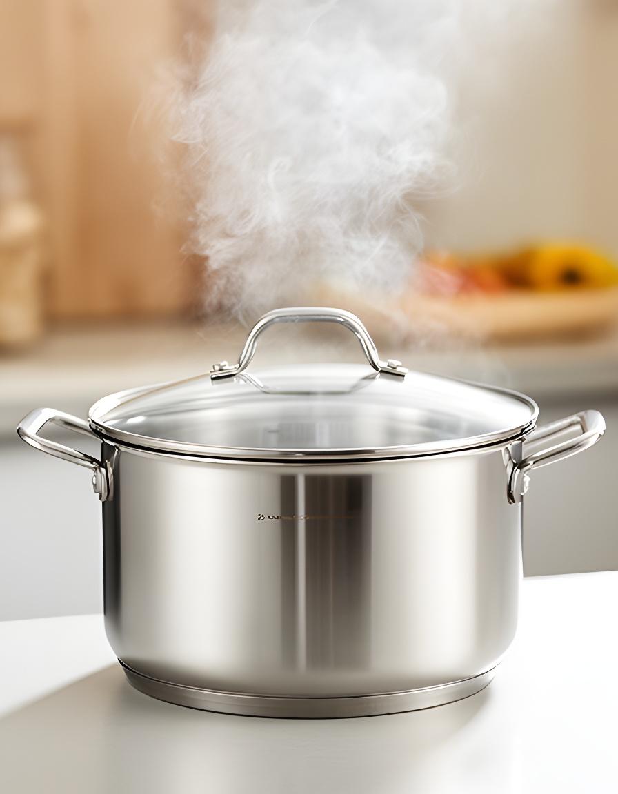 Olla de 24 centímetros con tapa de vidrio sobre cocina luminosa y vapor suave saliendo