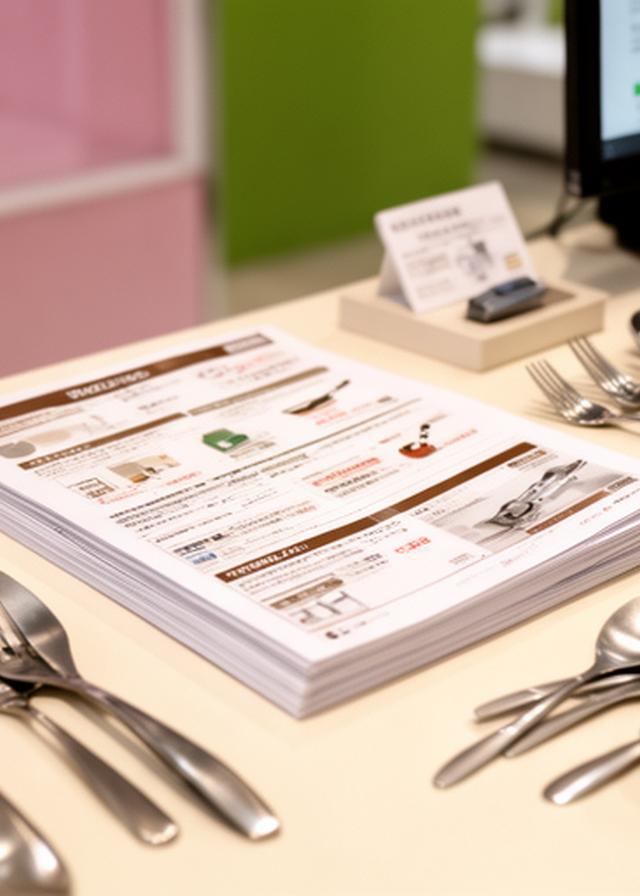 Catálogos impresos y muestras de utensilios de cocina sobre una mesa de consulta comercial